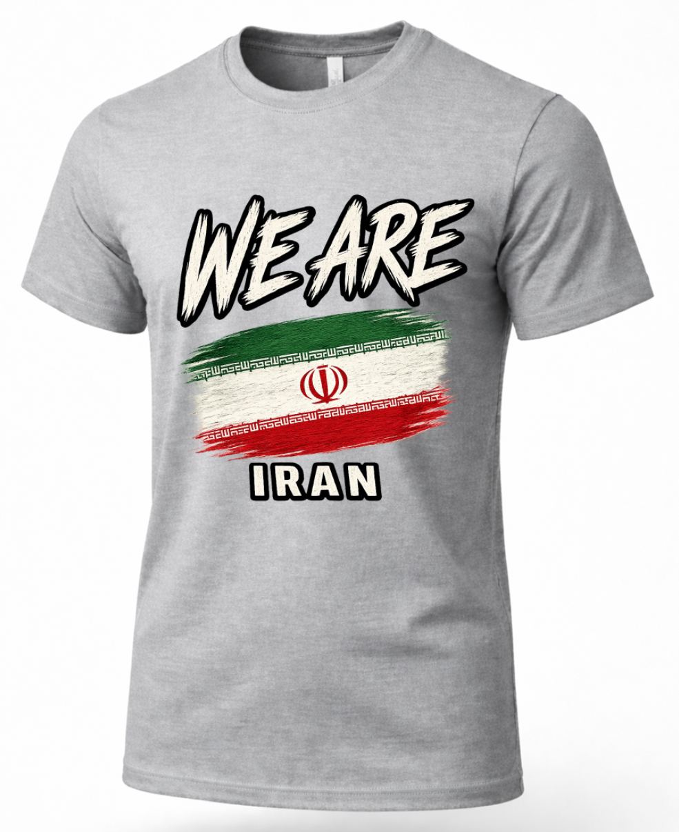 A heather gray short-sleeve t-shirt with a graphic print featuring the text 'WE ARE' and 'IRAN' surrounding a distressed Iranian flag design.