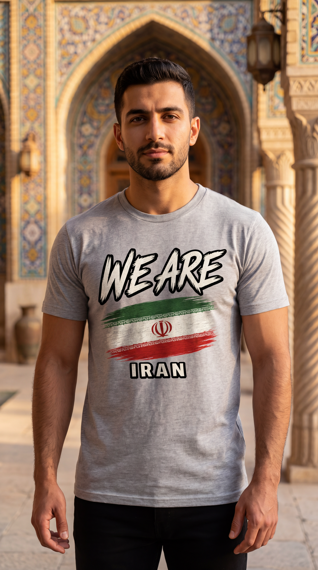 Heather gray Iran flag heritage T-shirt with distressed Iranian flag design worn in a Persian cultural setting, celebrating Iranian pride and heritage.