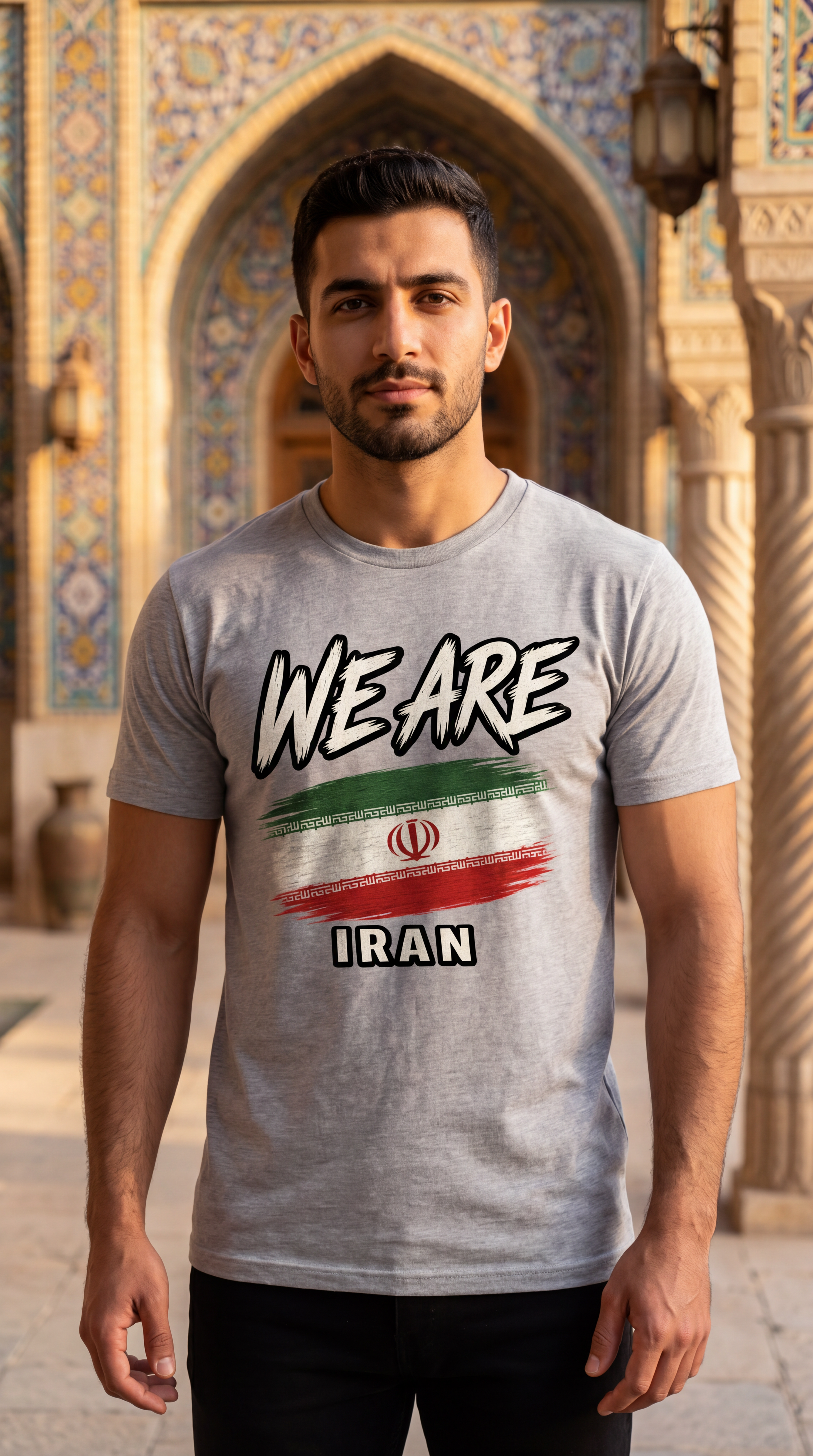 Heather gray Iran flag heritage T-shirt with distressed Iranian flag design worn in a Persian cultural setting, celebrating Iranian pride and heritage.