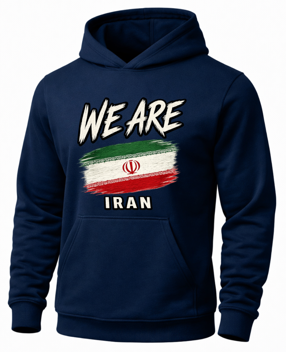 A navy blue pullover hoodie with a graphic print on the front. The design features the text 'WE ARE' in white with a black outline, a distressed brushstroke-style Iranian flag in the center, and 'IRAN' written below in white.