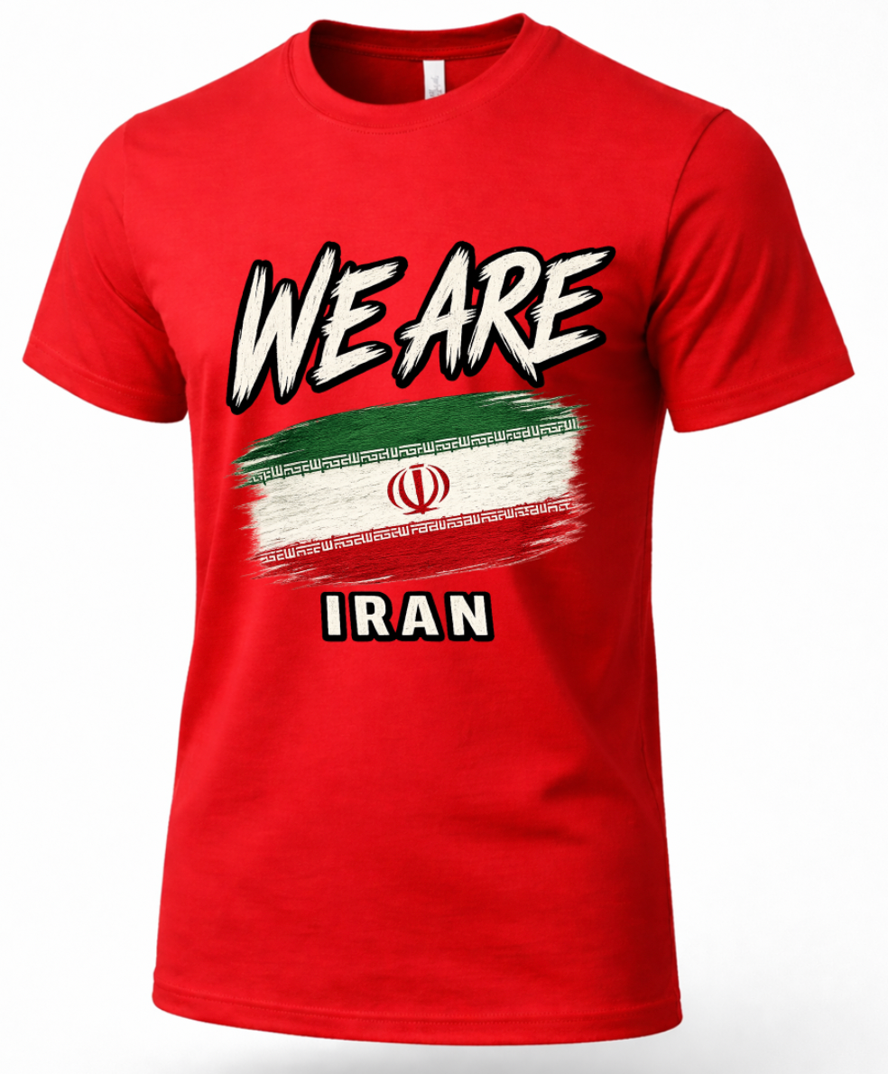 A red short-sleeve crewneck t-shirt featuring a graphic print with the text 'WE ARE' in a stylized white font, a distressed flag of Iran in the center, and the word 'IRAN' below it.
