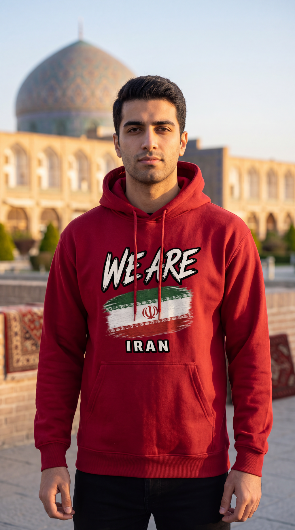A man wearing a red hoodie with a graphic print that reads 'WE ARE' above an Iranian flag design and 'IRAN' below, standing in front of an ornate architectural background with arches and columns.