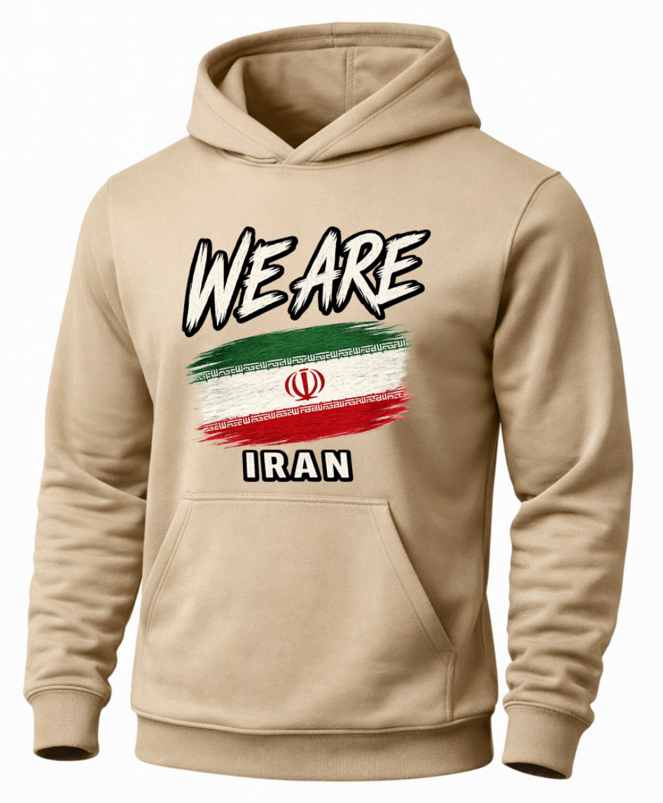 A beige pullover hoodie with a graphic on the chest that reads 'WE ARE' above an Iranian flag design and 'IRAN' below, shown on a plain white background.