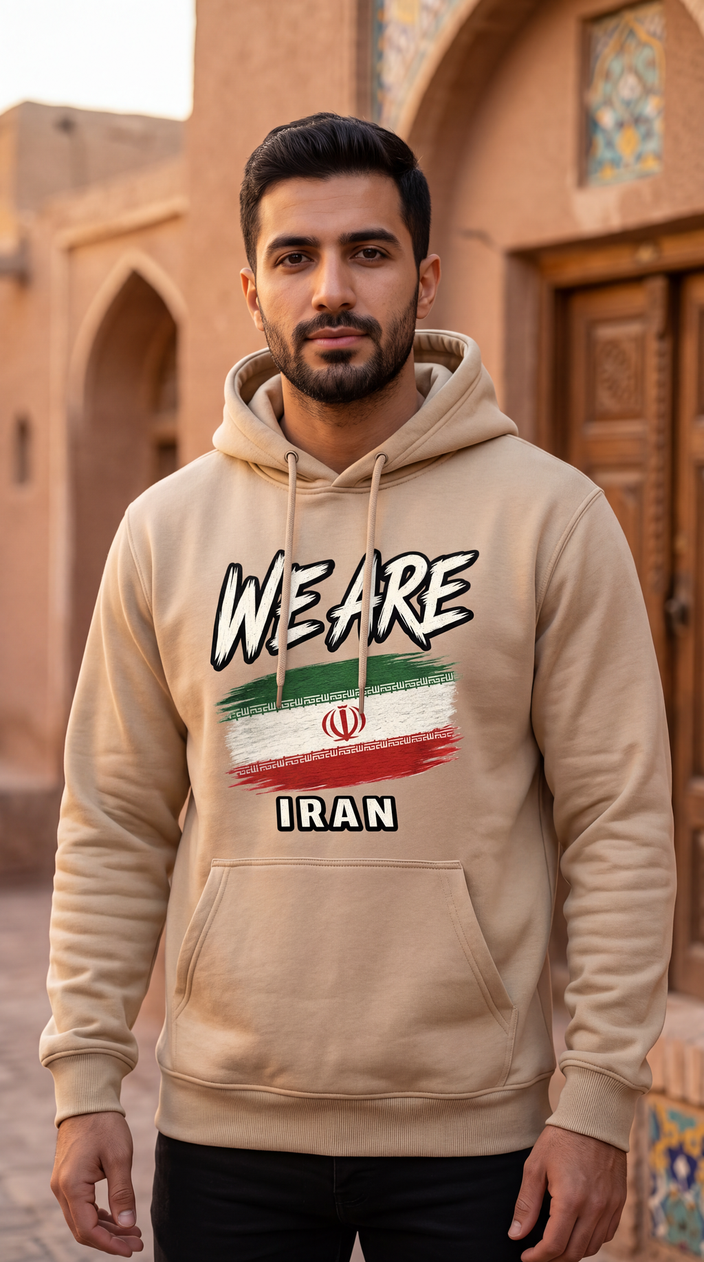 A man wearing a sand hoodie with a graphic print that reads 'WE ARE' above an Iranian flag design and 'IRAN' below, standing in front of an ornate architectural background with arches and columns.