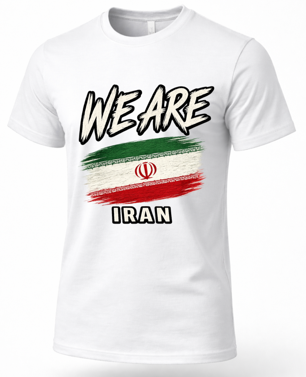 A white short-sleeve crewneck t-shirt featuring a graphic print with the text 'WE ARE' and 'IRAN' in black and white, layered over a distressed Iranian flag design.