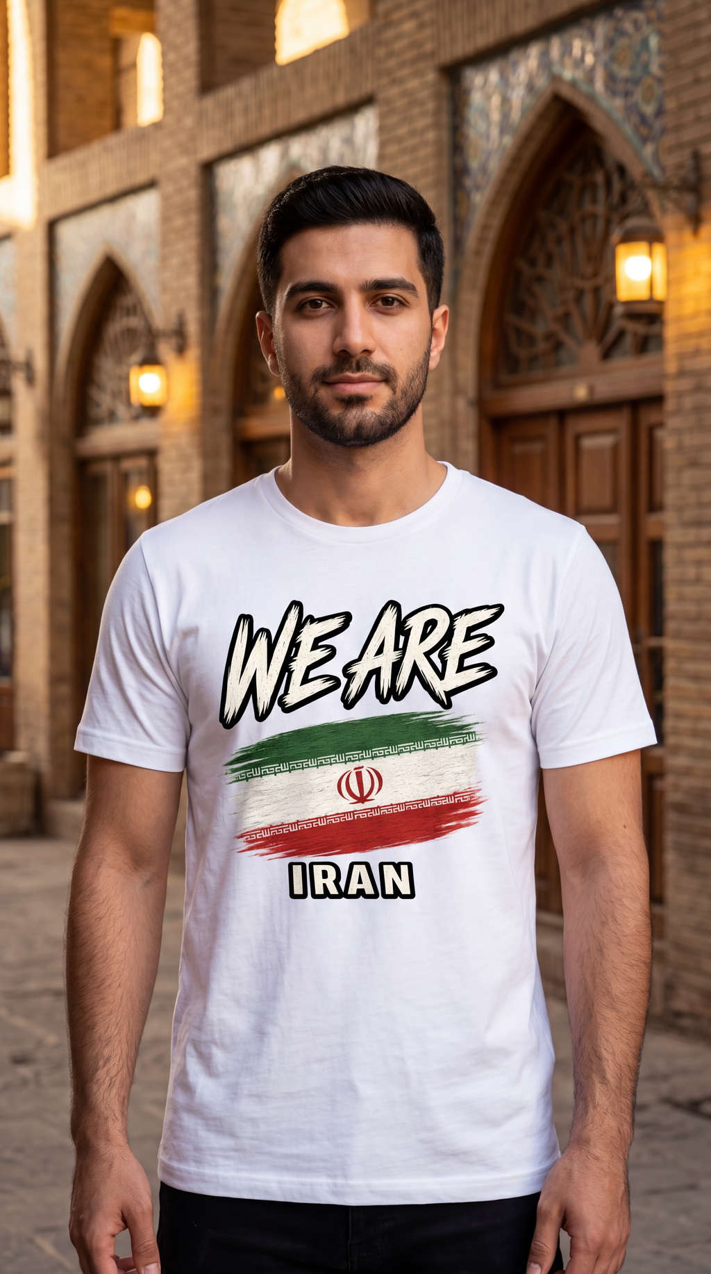White Iran flag heritage T-shirt with distressed Iranian flag design worn in a Persian cultural setting, celebrating Iranian pride and heritage.