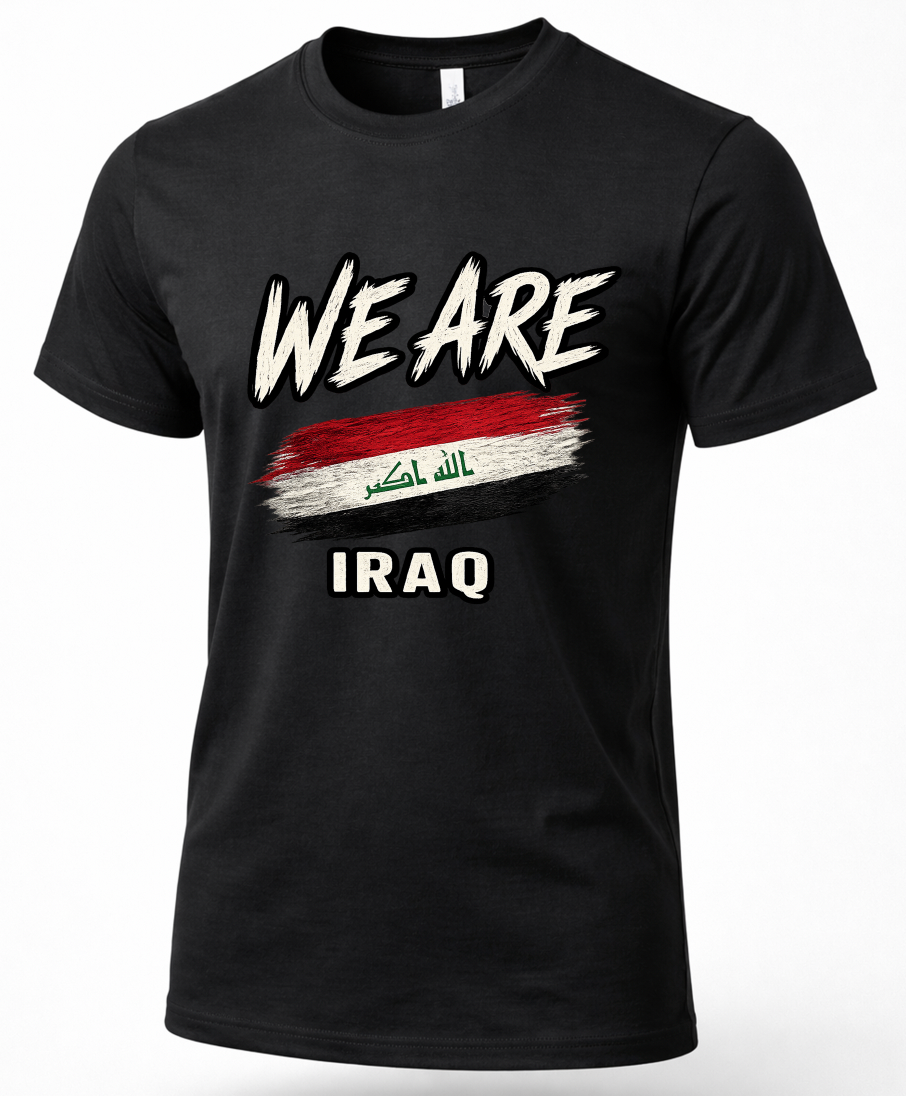 Black Iraq heritage T-shirt with distressed Iraqi flag graphic and WE ARE design.
