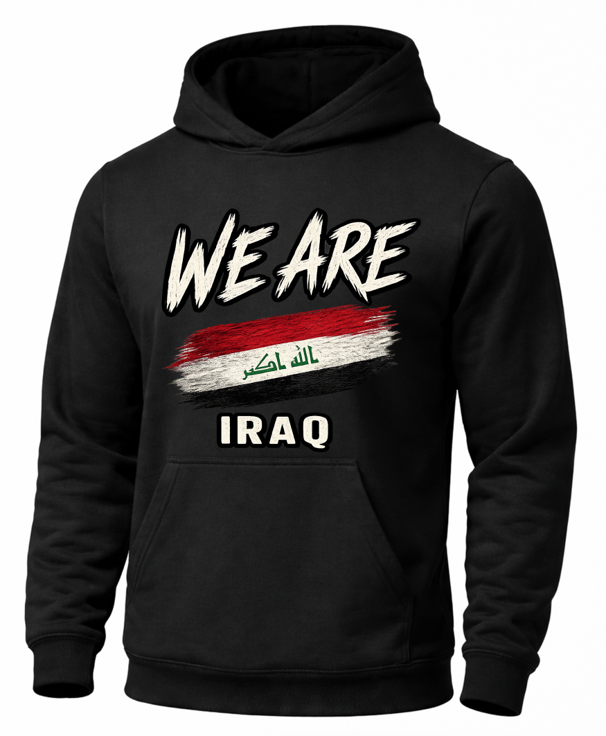 A black hoodie featuring a distressed graphic print on the front with the text 'WE ARE' above a stylized Iraqi flag and 'IRAQ' below.