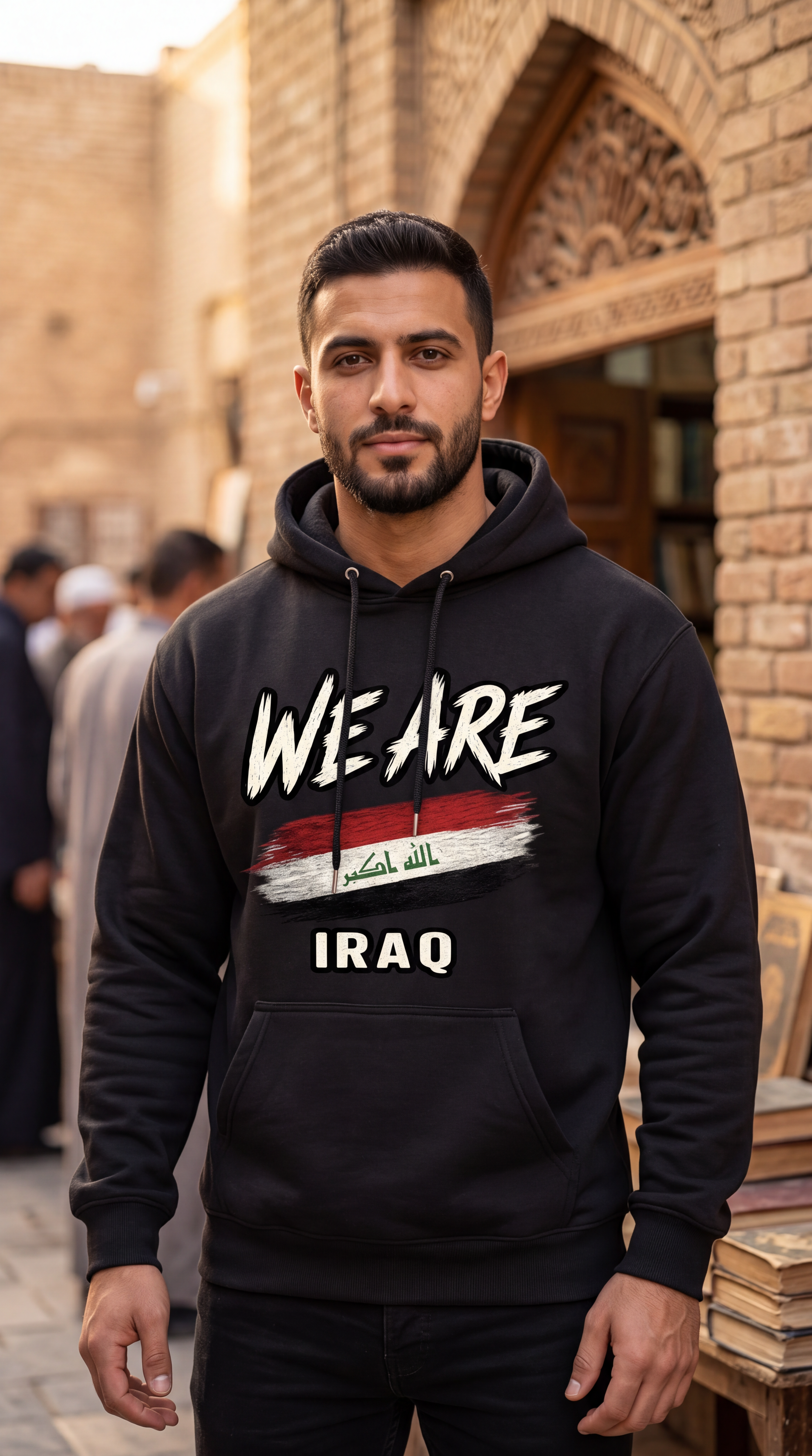 A man wearing a black hoodie with a graphic print that reads 'WE ARE' above the Iraq flag and 'IRAQ' below, standing outdoors in front of a stone archway.
