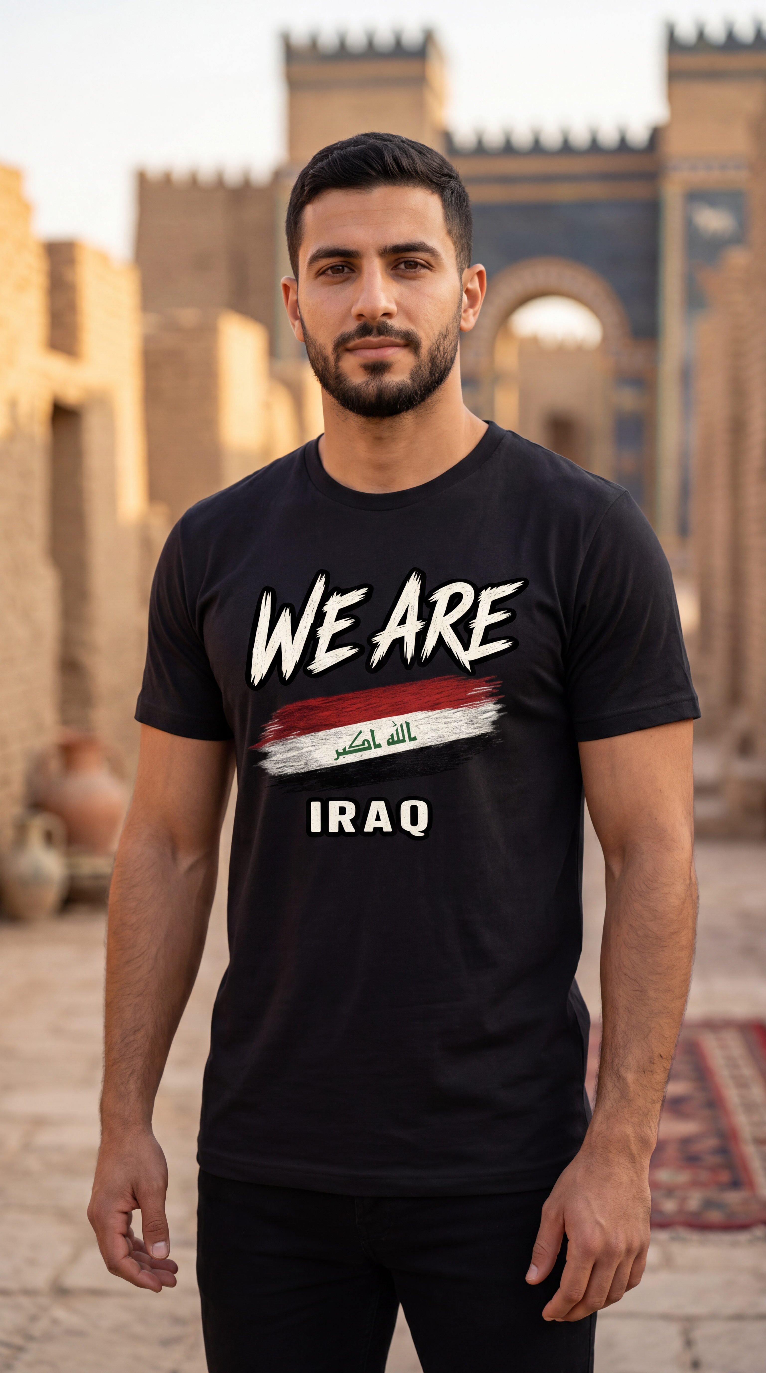 Man wearing a black Iraq heritage T-shirt featuring a distressed Iraqi flag design and modern streetwear style.