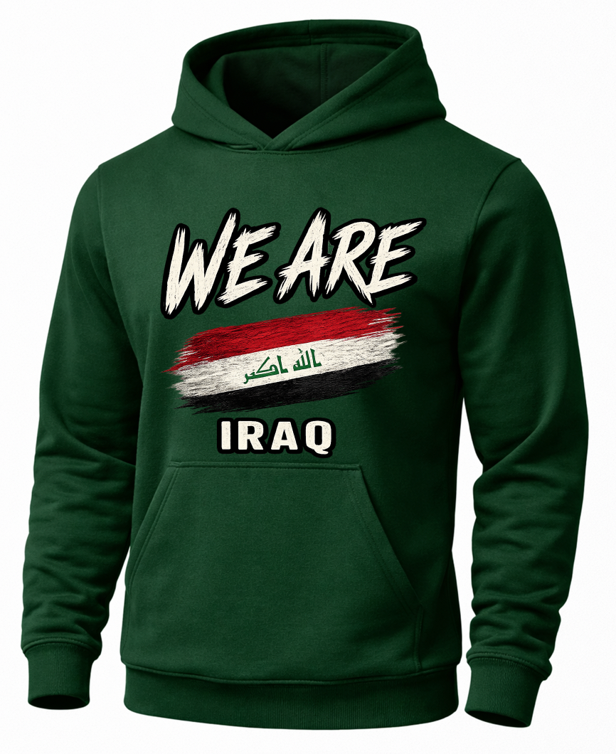 A dark green pullover hoodie with a front graphic that reads 'WE ARE' above a stylized Iraqi flag and 'IRAQ' below, shown on a plain white background.