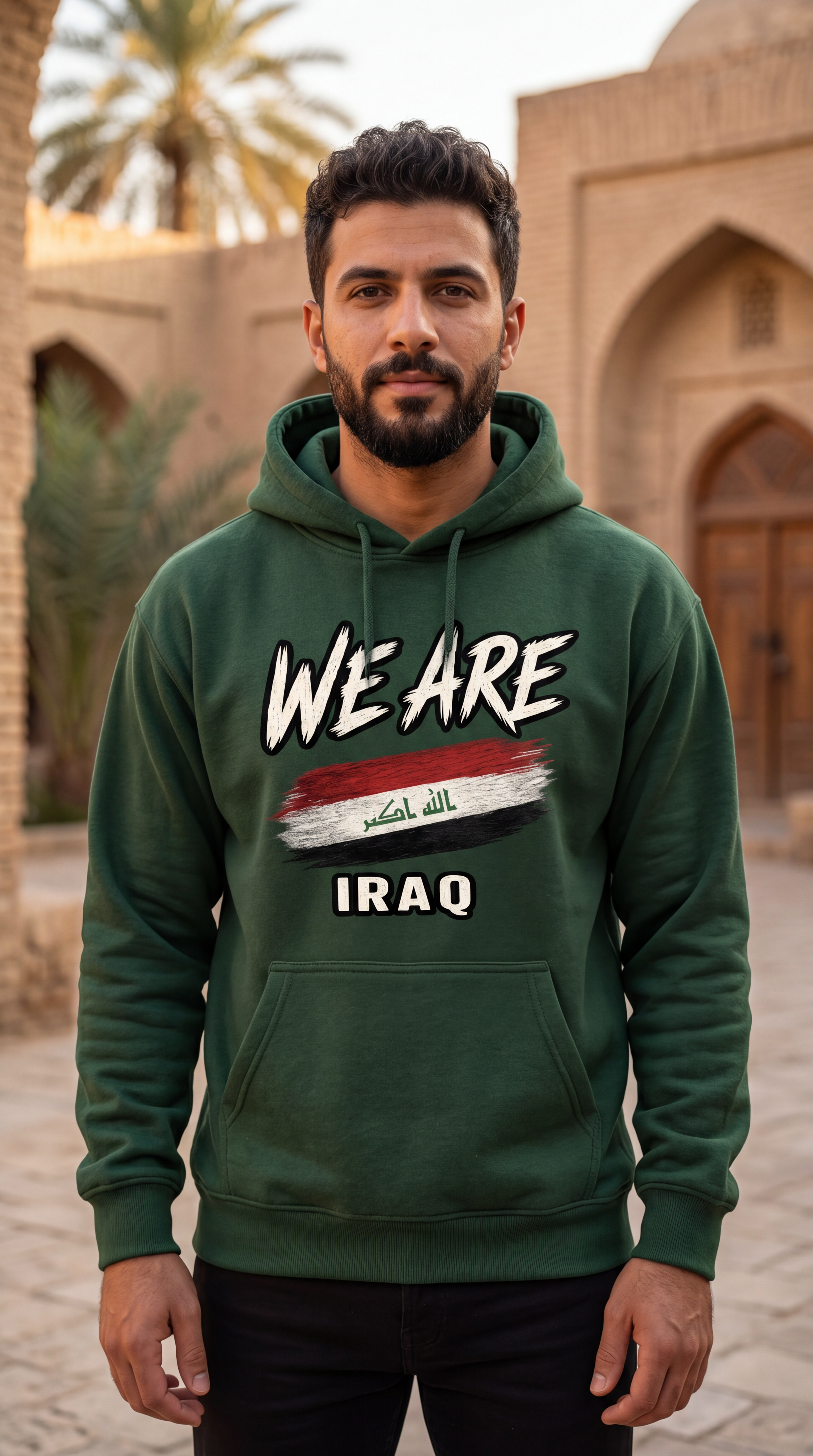 A man wearing a dark green hoodie with 'WE ARE' and the Iraqi flag graphic above 'IRAQ', standing outdoors in front of traditional beige stone buildings.