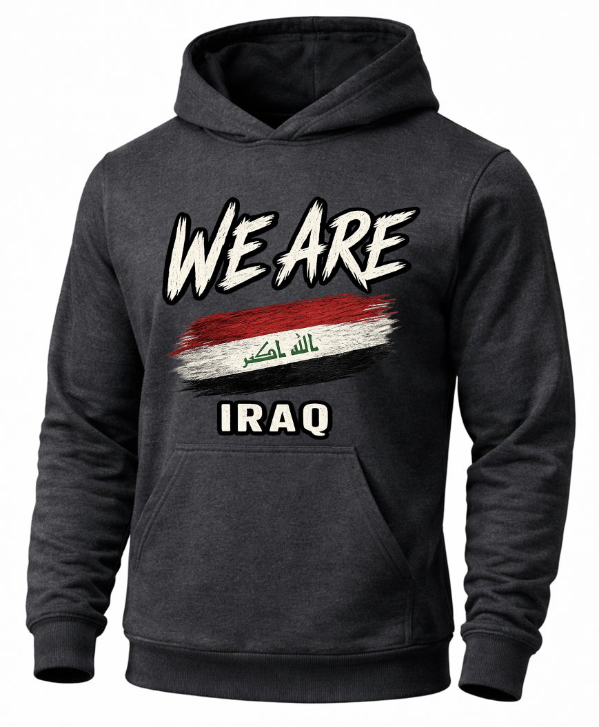 A dark charcoal gray hoodie featuring a distressed graphic print on the front with the text 'WE ARE' above a stylized Iraqi flag and 'IRAQ' below.