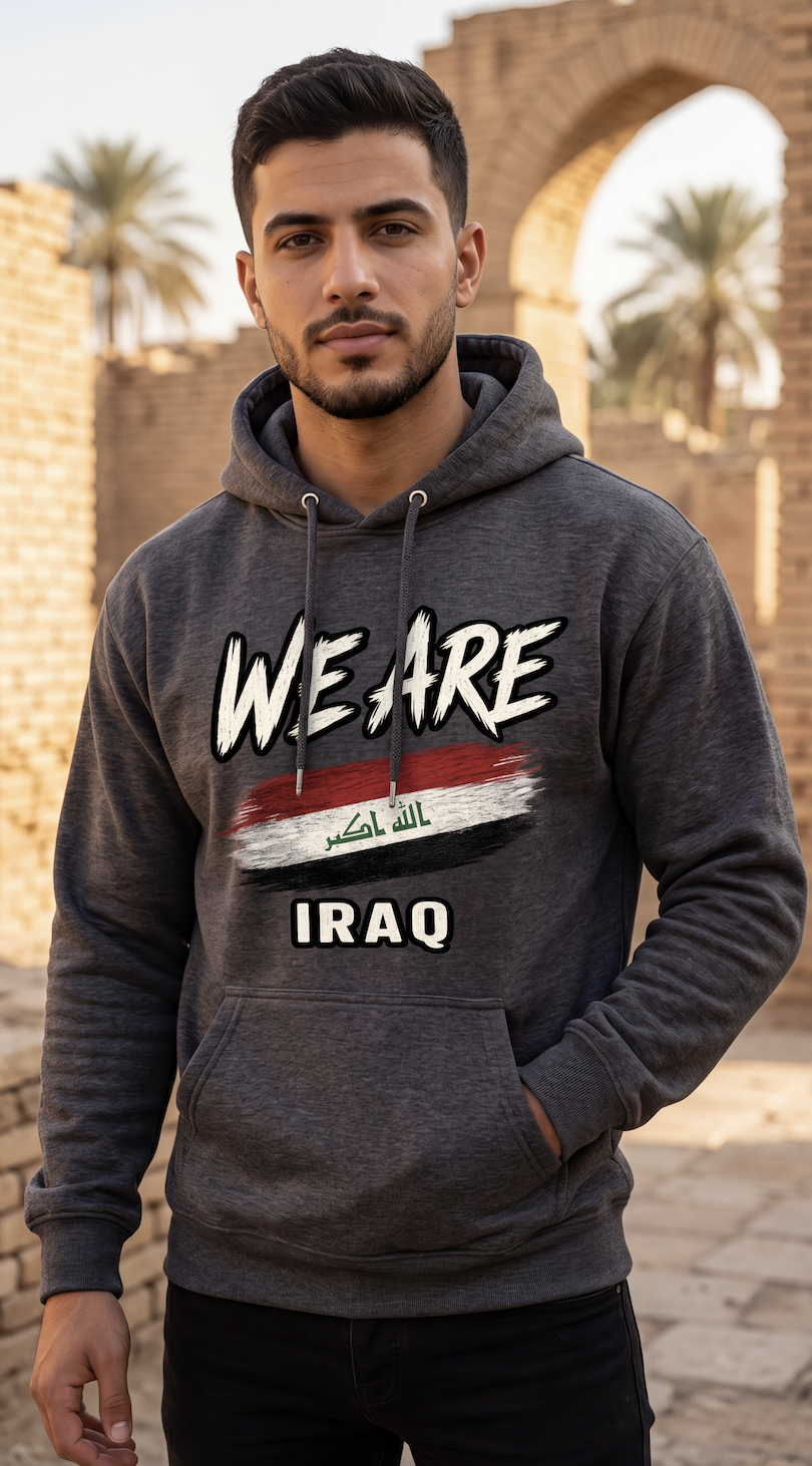 A man wearing a gray hoodie with 'WE ARE' and the Iraqi flag graphic above 'IRAQ', standing outdoors in front of traditional beige stone buildings.