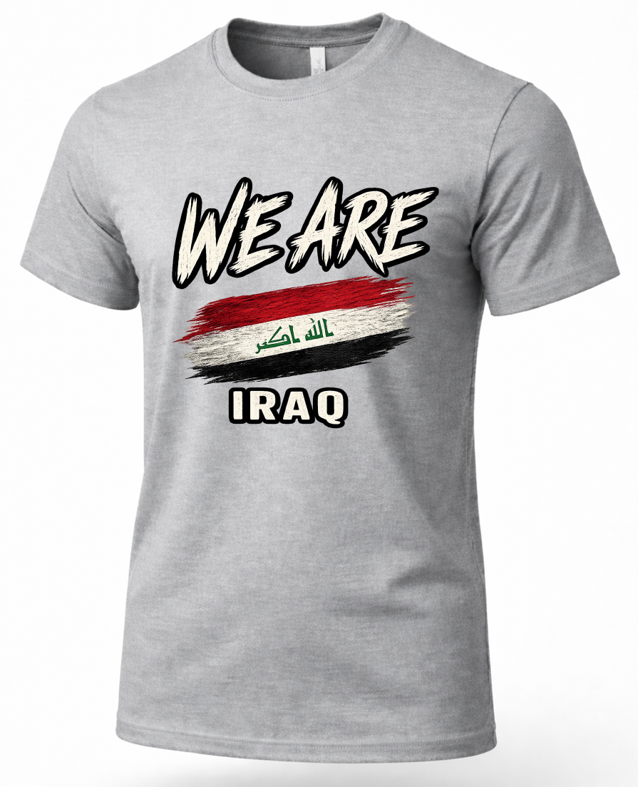 Heather gray Iraq heritage T-shirt featuring distressed Iraqi flag artwork and WE ARE graphic.