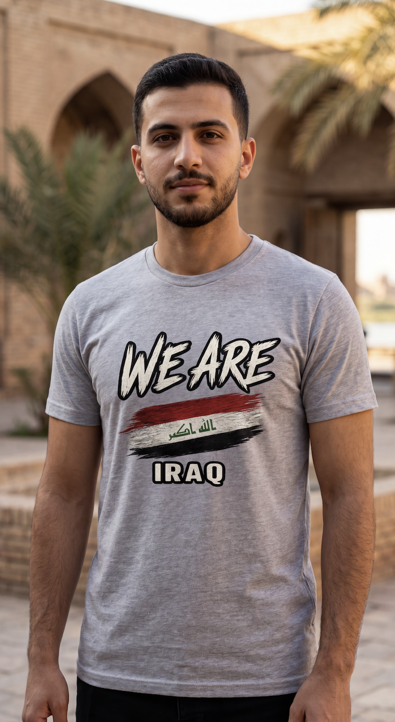 A man wearing a heather gray t-shirt with a graphic print that reads 'WE ARE IRAQ' above the Iraqi flag, standing outdoors in front of a historic stone building.