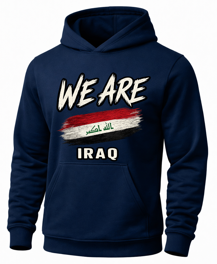 A navy blue pullover hoodie with a front graphic that reads 'WE ARE' above a stylized Iraqi flag and 'IRAQ' below, shown on a plain white background.