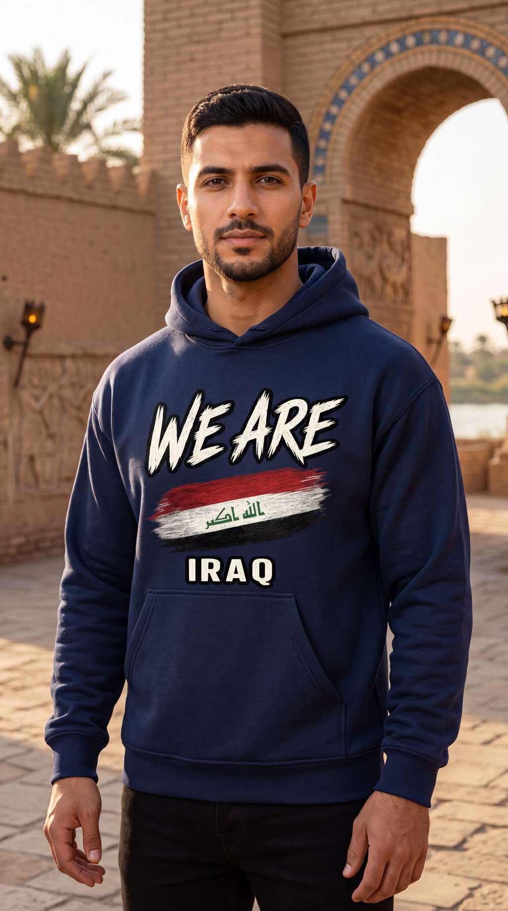 A man wearing a navy blue hoodie with a graphic print that reads 'WE ARE' above a stylized Iraqi flag and 'IRAQ' below, standing in front of a historic stone archway.