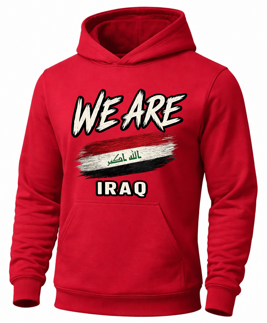 A red pullover hoodie with a front graphic that reads 'WE ARE' in large white outlined letters above a stylized Iraqi flag and 'IRAQ' in white block text.