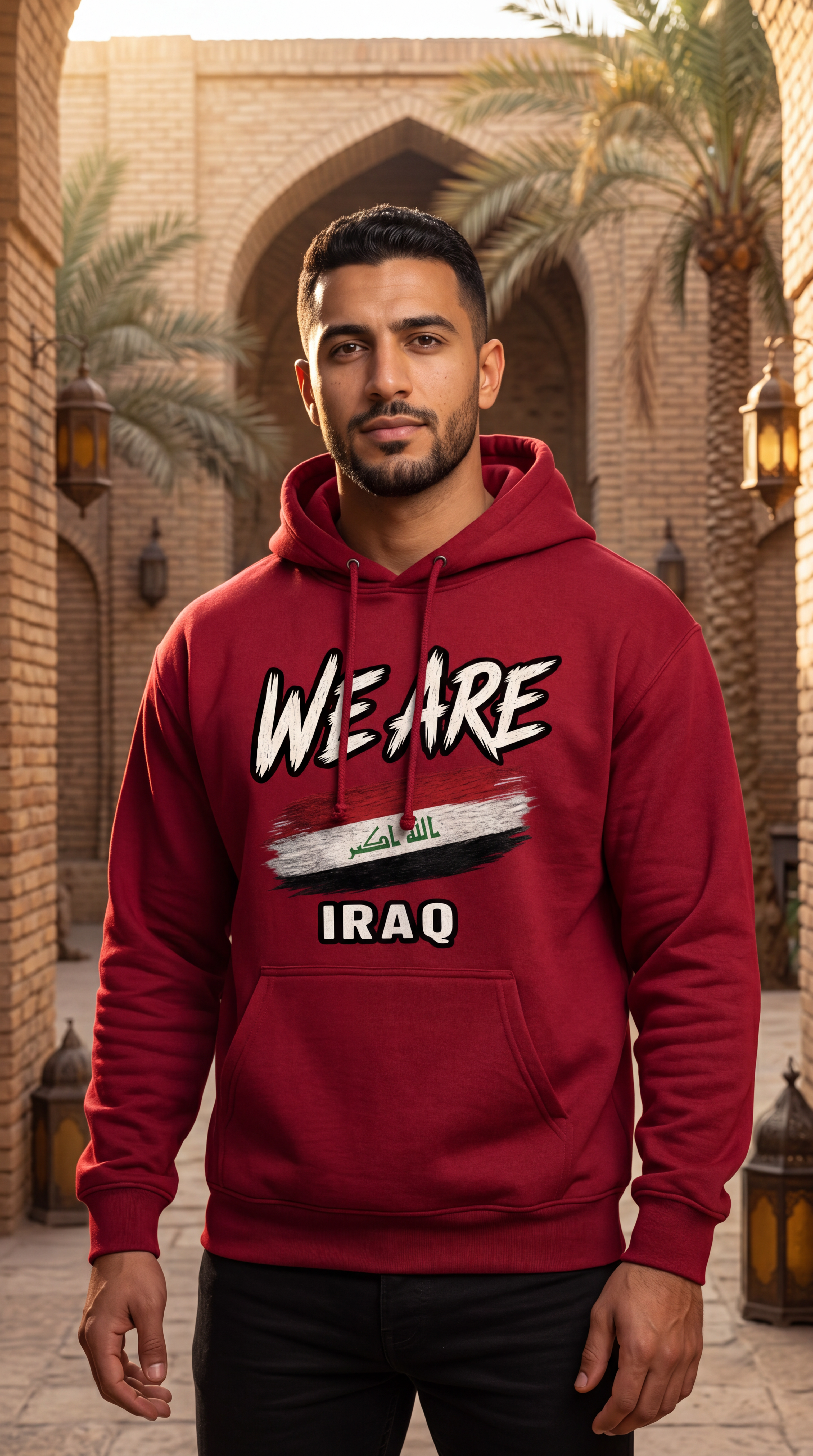 A man wearing a red hoodie with 'WE ARE' and the Iraqi flag graphic above 'IRAQ', standing outdoors in front of traditional beige stone buildings.