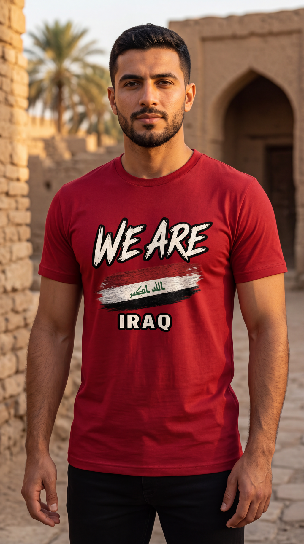 A man wearing a red graphic t-shirt with 'WE ARE IRAQ' and an Iraqi flag design, standing in front of a desert stone building.
