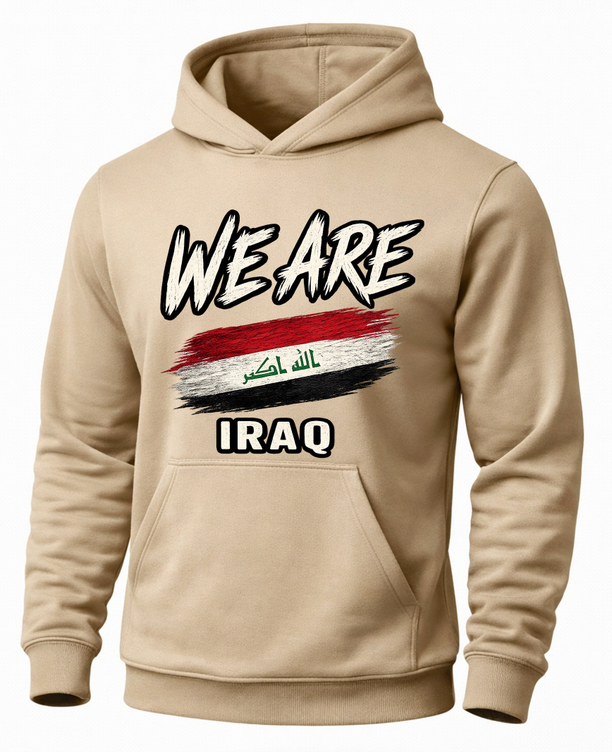 A sand hoodie featuring a distressed graphic print on the front with the text 'WE ARE' above a stylized Iraqi flag and 'IRAQ' below.