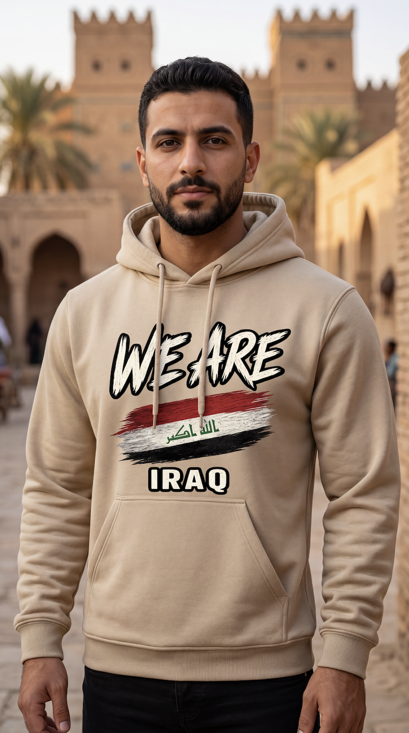 A man wearing a beige hoodie with a graphic print that reads 'WE ARE IRAQ' and features the Iraqi flag, standing in front of a historic sandstone building.