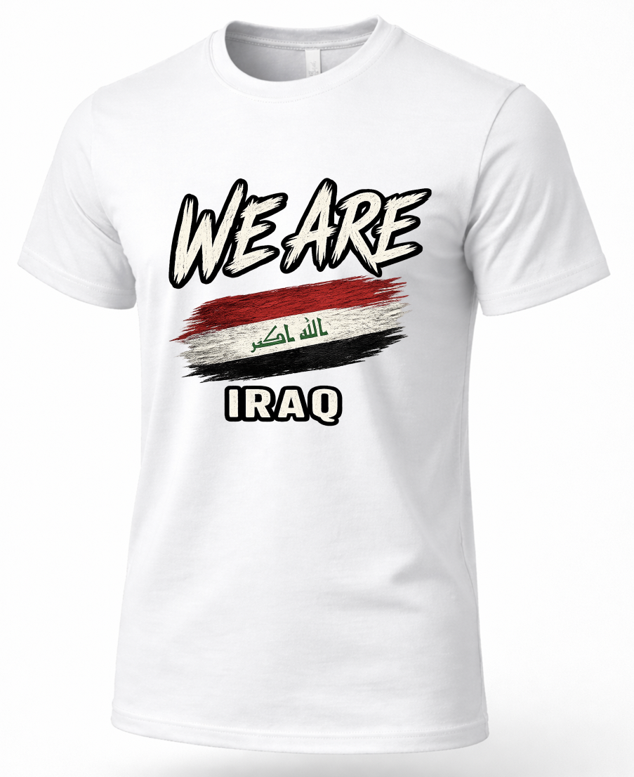 White Iraq heritage T-shirt with distressed Iraqi flag graphic and WE ARE design.