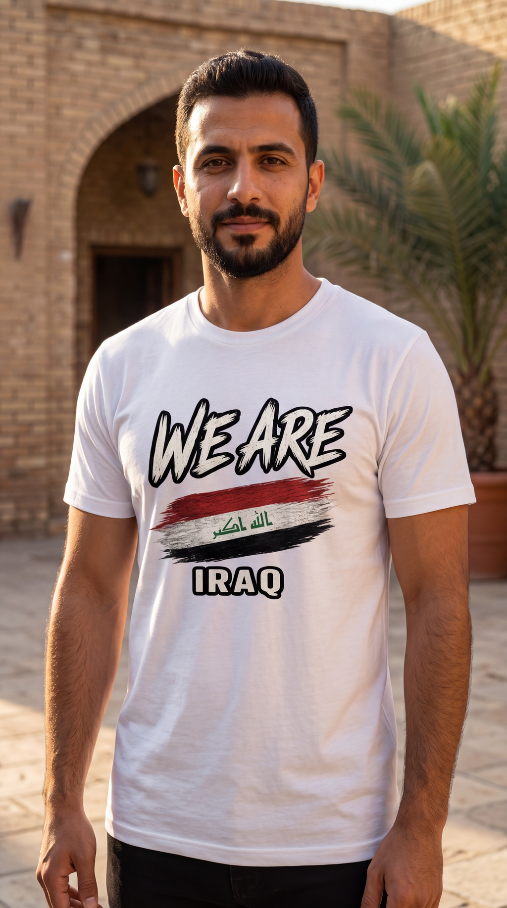 Man wearing a white Iraq heritage T-shirt featuring a distressed Iraqi flag graphic in a traditional Middle Eastern setting.