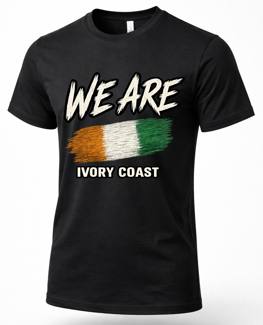 A black short-sleeve crewneck t-shirt featuring a distressed graphic print of the text 'WE ARE' above a stylized Ivory Coast flag, with 'IVORY COAST' printed below in white.