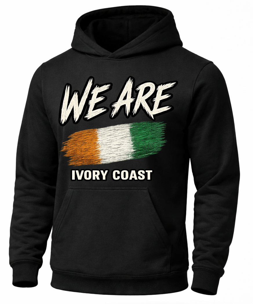 A black pullover hoodie with a graphic print on the front. The design features the text 'WE ARE' in a distressed white font above a horizontal tricolor flag in orange, white, and green, with 'IVORY COAST' printed below in white.