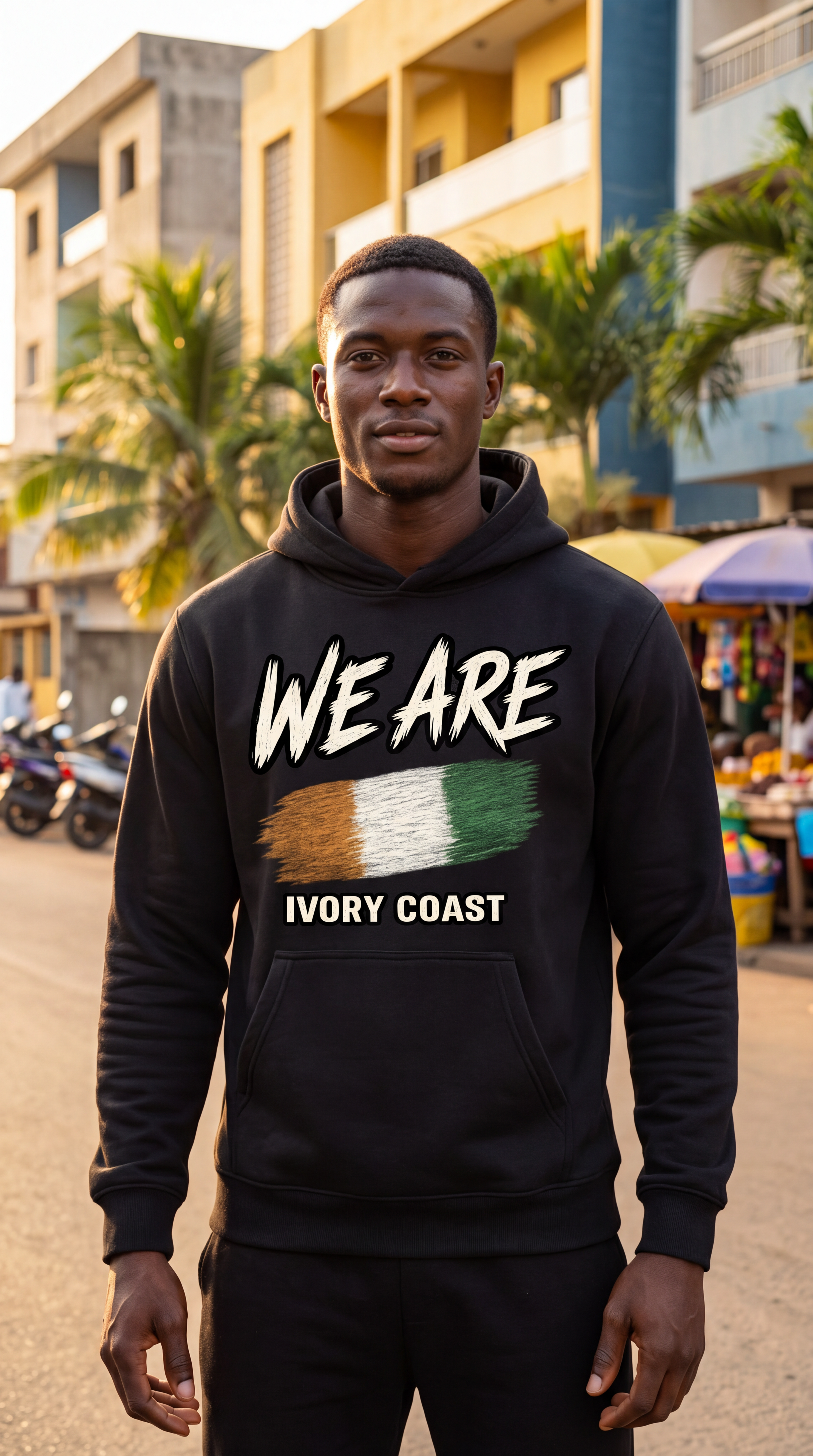 A man wearing a black hoodie with a graphic print that reads 'WE ARE' above an Ivory Coast flag design and 'IVORY COAST' below, standing outdoors on a street with buildings and palm trees in the background.