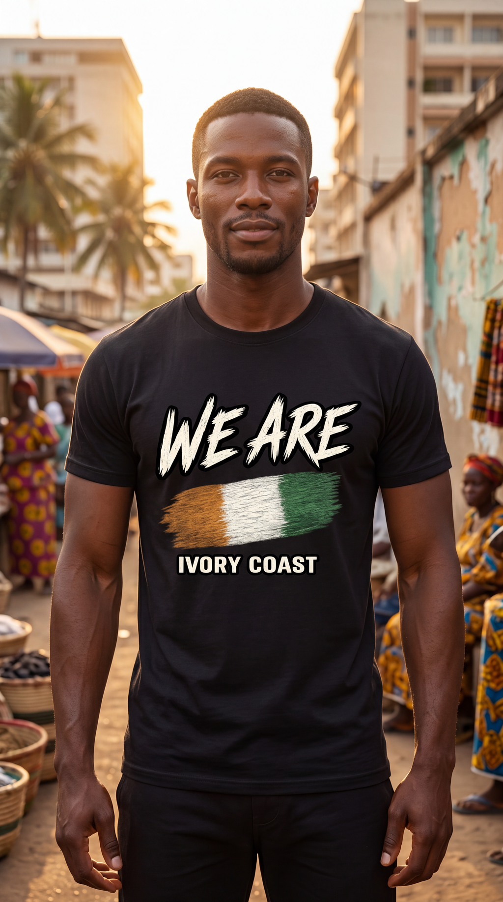 A man wearing a black t-shirt with a graphic that reads 'WE ARE' above the Ivory Coast flag and 'IVORY COAST' below, standing in an outdoor market setting.