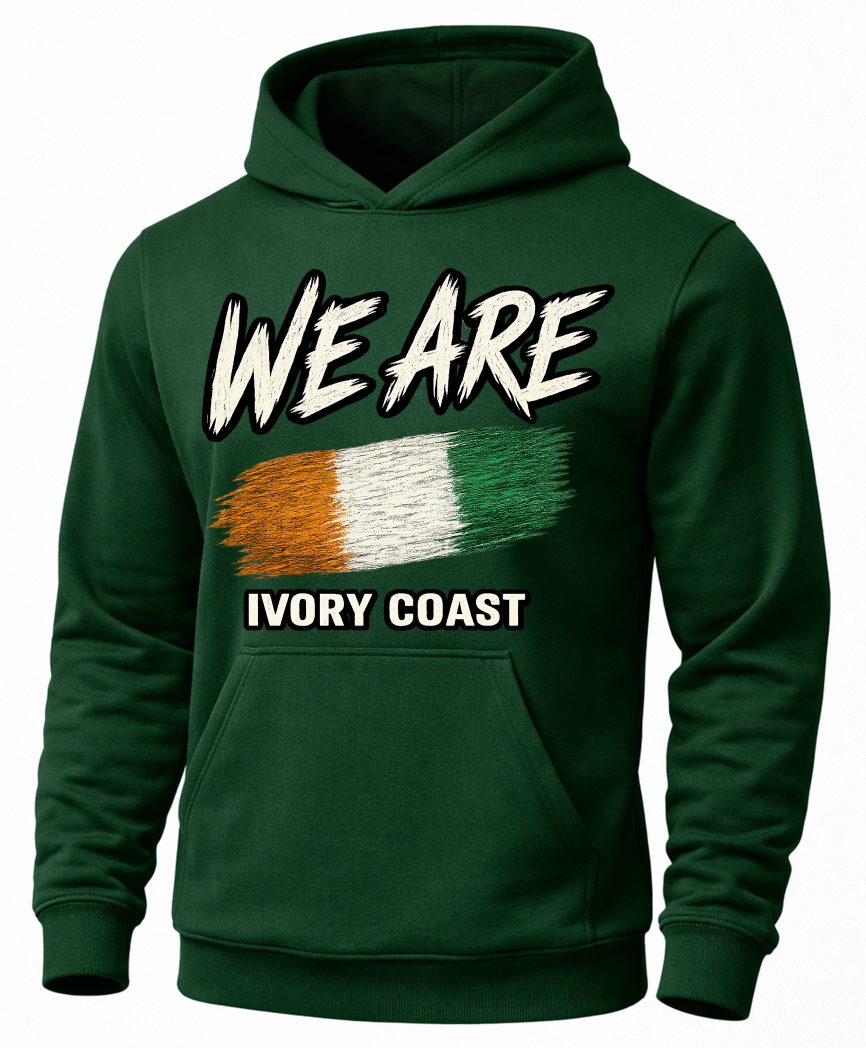 A dark green pullover hoodie with a graphic print on the front. The design features the text 'WE ARE' in a distressed white font above a horizontal tricolor flag design in gold, white, and green, with 'IVORY COAST' printed below in white.
