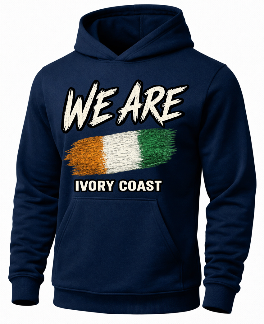 A navy blue pullover hoodie with a graphic print on the front. The design features the text 'WE ARE' in a distressed white font above a horizontal tricolor flag in gold, white, and green, with 'IVORY COAST' printed below in white.