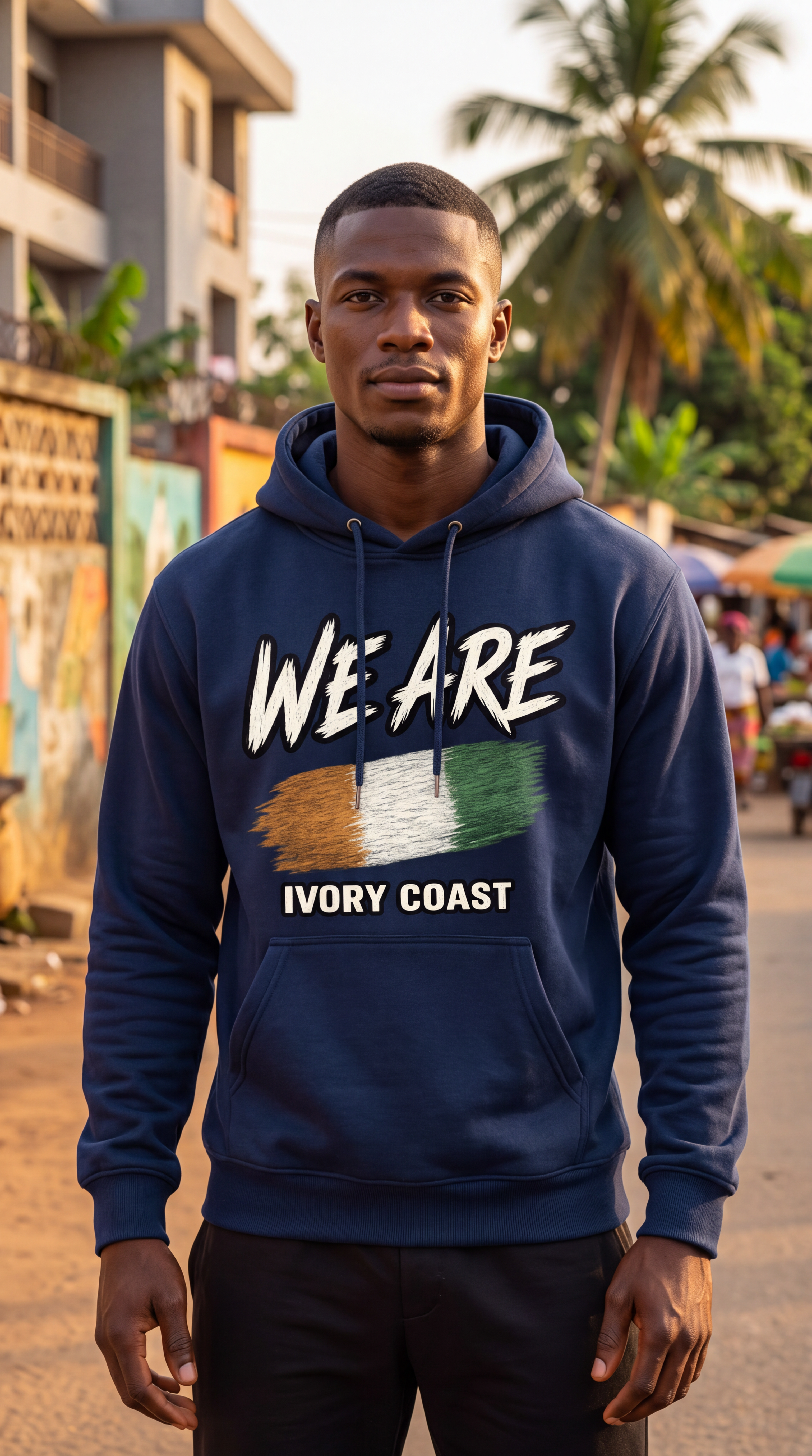 A man wearing a navy blue hoodie with a graphic print that reads 'WE ARE' above the Ivory Coast flag and 'IVORY COAST' below, standing outdoors on a street with palm trees and buildings in the background.