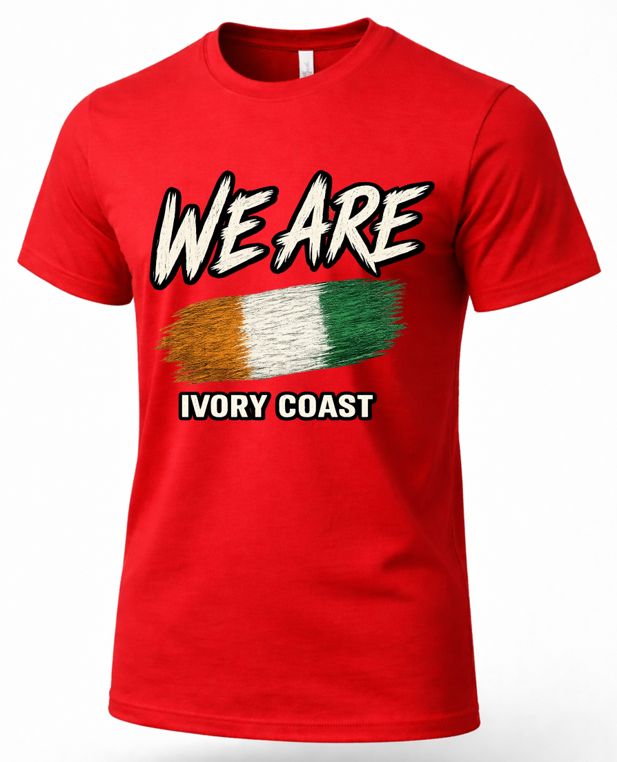 A red short-sleeve crewneck t-shirt featuring a graphic print of the Ivory Coast flag and the text 'WE ARE' and 'IVORY COAST' in white with black outlines.