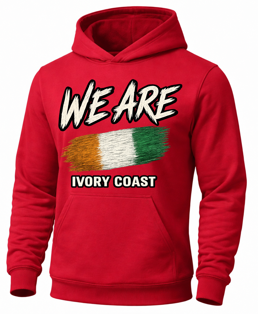 A red pullover hoodie with a graphic print on the front. The design features the text 'WE ARE' in a white, brush-stroke style font with a black outline, above a horizontal tricolor flag design representing Ivory Coast (gold, white, green).