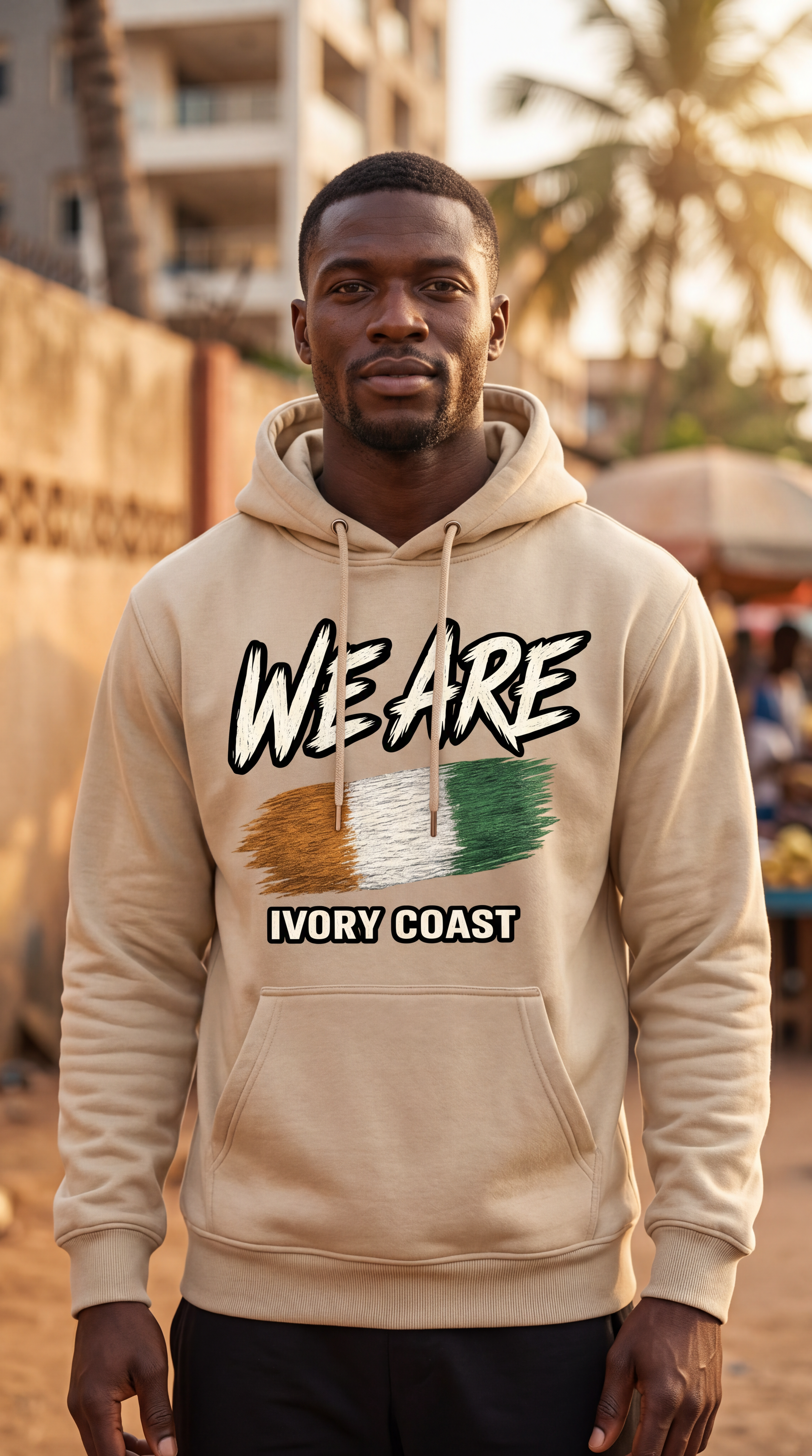 A man wearing a beige hoodie with a graphic print that reads 'WE ARE' above an Ivory Coast flag design and 'IVORY COAST' text, photographed outdoors with a blurred urban background.