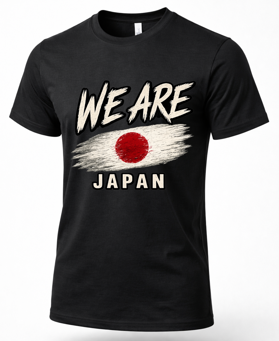 A black short-sleeve crewneck t-shirt featuring a distressed graphic print of the Japanese flag and the text 'WE ARE JAPAN' in white and red.