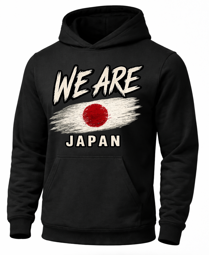 A black pullover hoodie with a distressed graphic on the chest featuring the text 'WE ARE JAPAN' and a stylized Japanese flag in white and red.