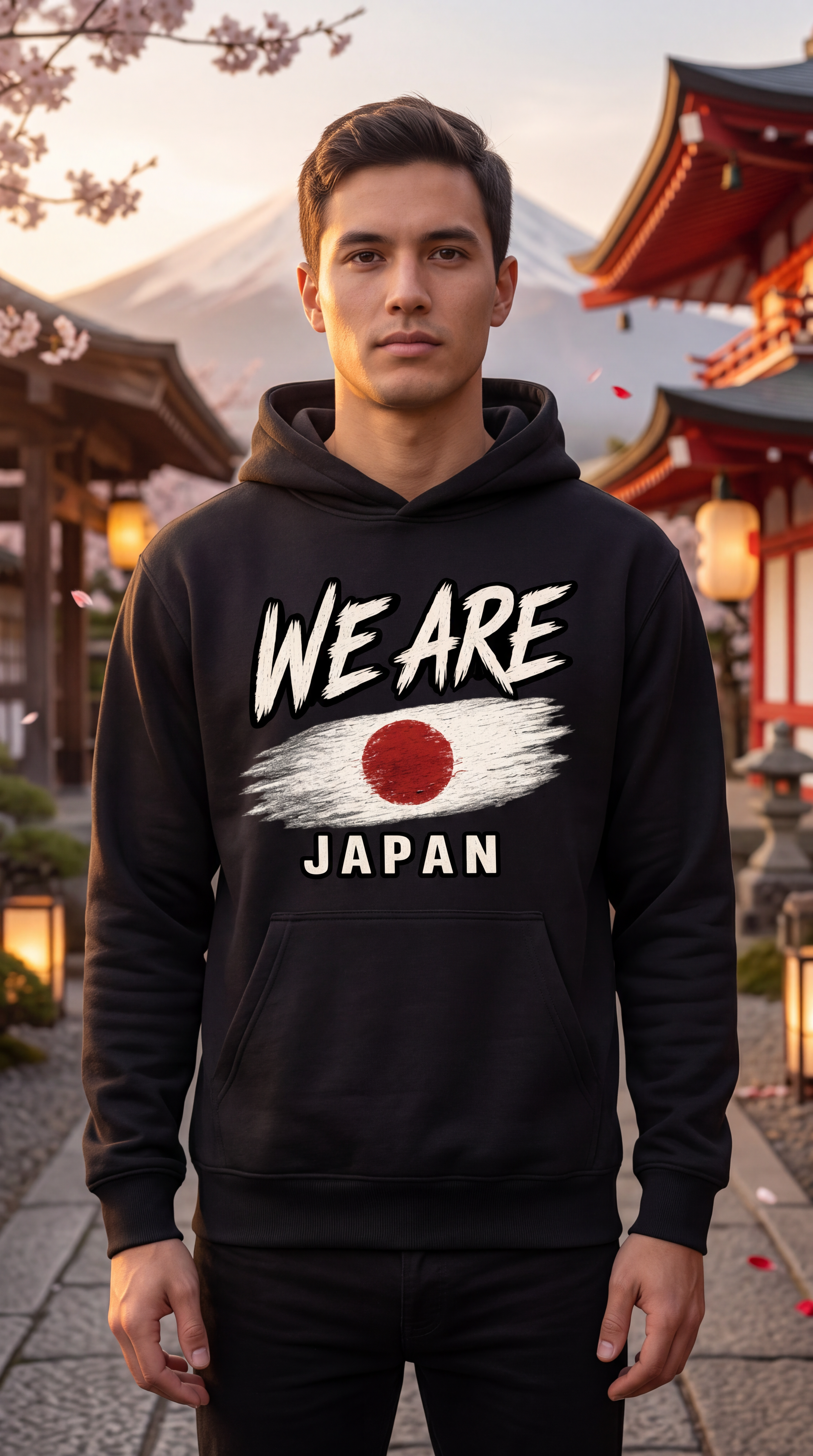 A man wearing a black hoodie with a graphic print that reads 'WE ARE JAPAN' and a stylized Japanese flag, standing in front of a traditional Japanese temple and mountain background.