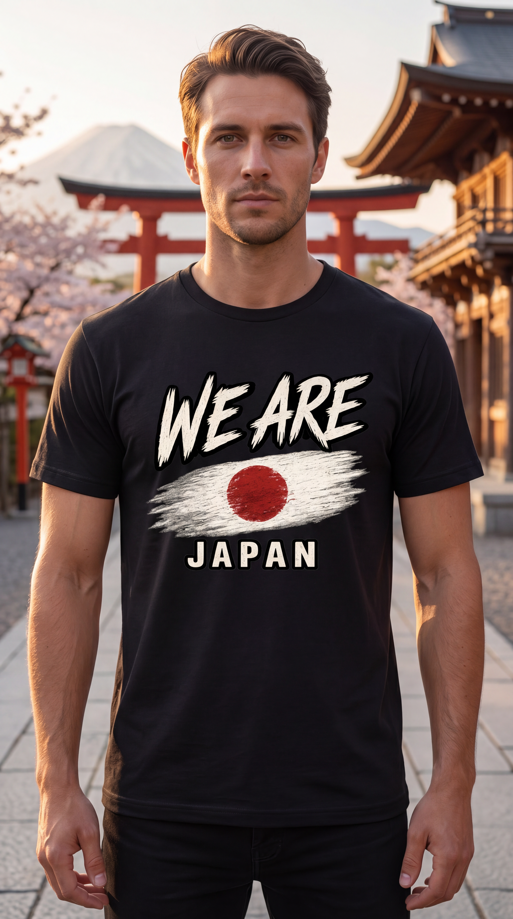 A man wearing a black t-shirt with a graphic that reads 'WE ARE JAPAN' and a Japanese flag design, standing in front of a Japanese torii gate and traditional building.