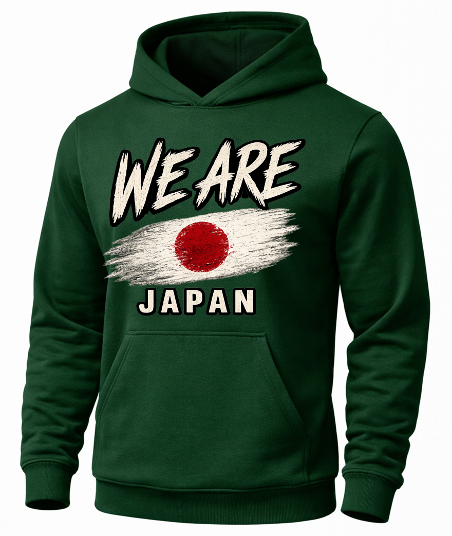 A dark green pullover hoodie with a distressed graphic on the chest that reads 'WE ARE JAPAN' above and below a Japanese flag design, shown on a plain white background.