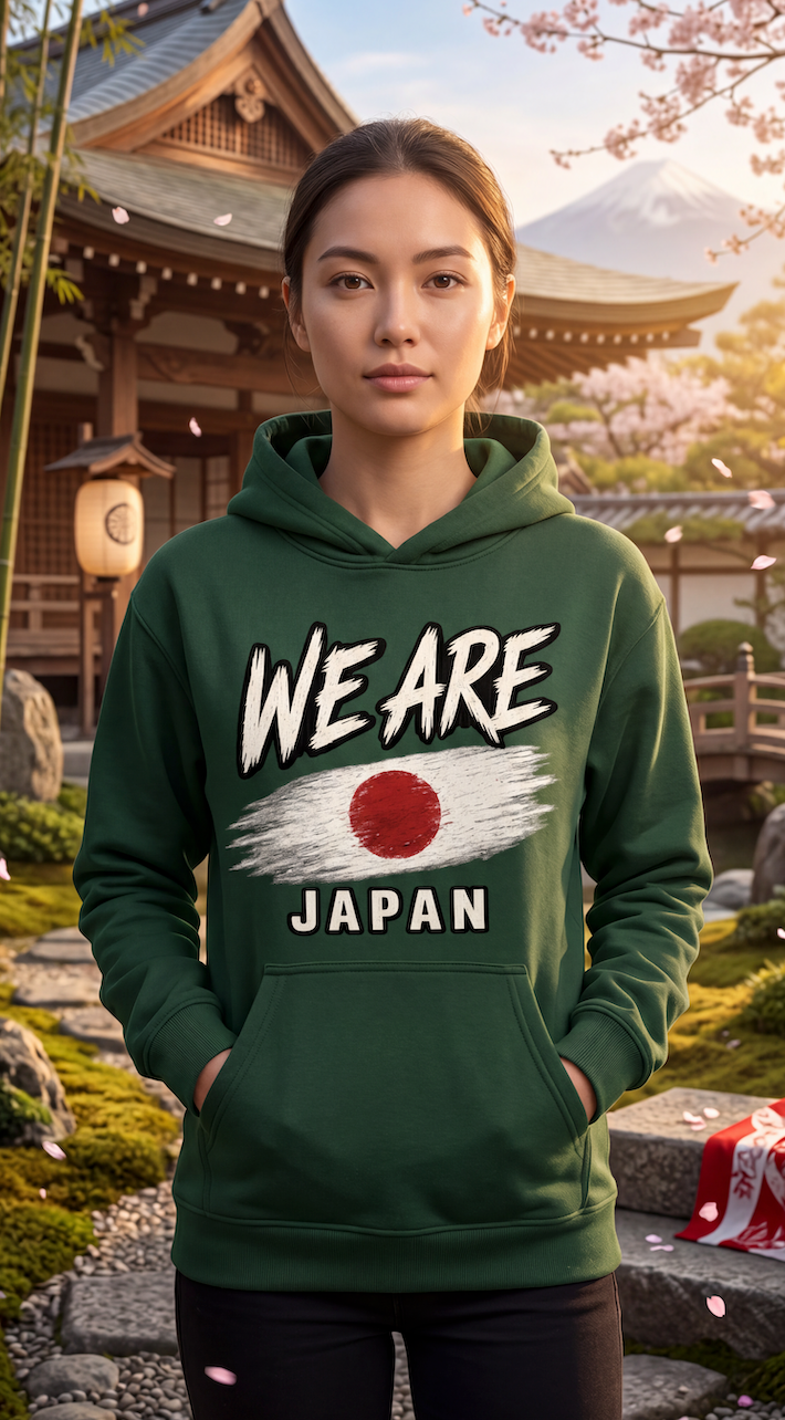 A woman wearing a dark green hoodie with a graphic print that reads 'WE ARE JAPAN' and features a Japanese flag motif, set against a scenic background of a Japanese temple and cherry blossoms.