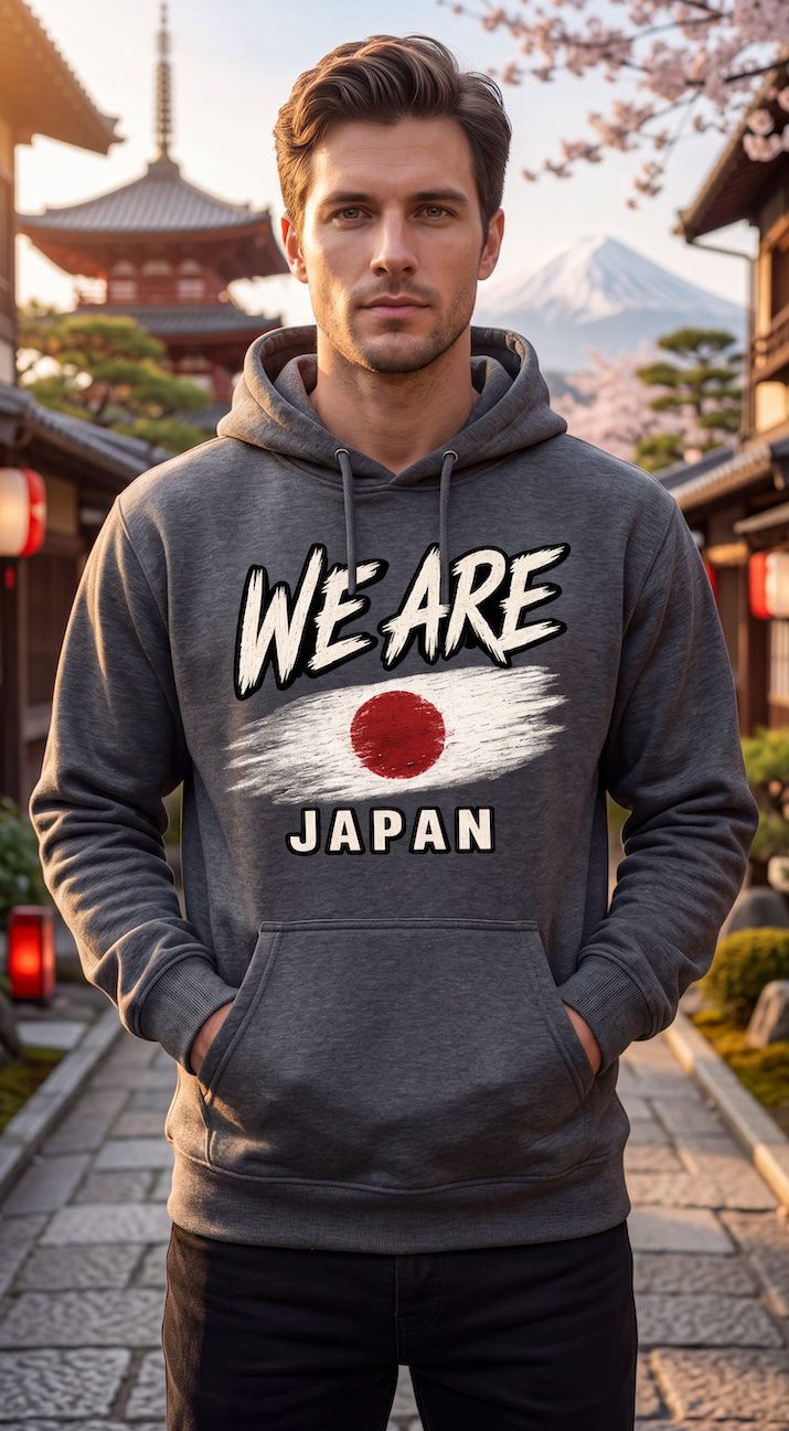 A man wearing a dark gray hoodie with a graphic print that reads 'WE ARE JAPAN' and features a Japanese flag motif, standing in a scenic outdoor setting with a pagoda and mountain in the background.