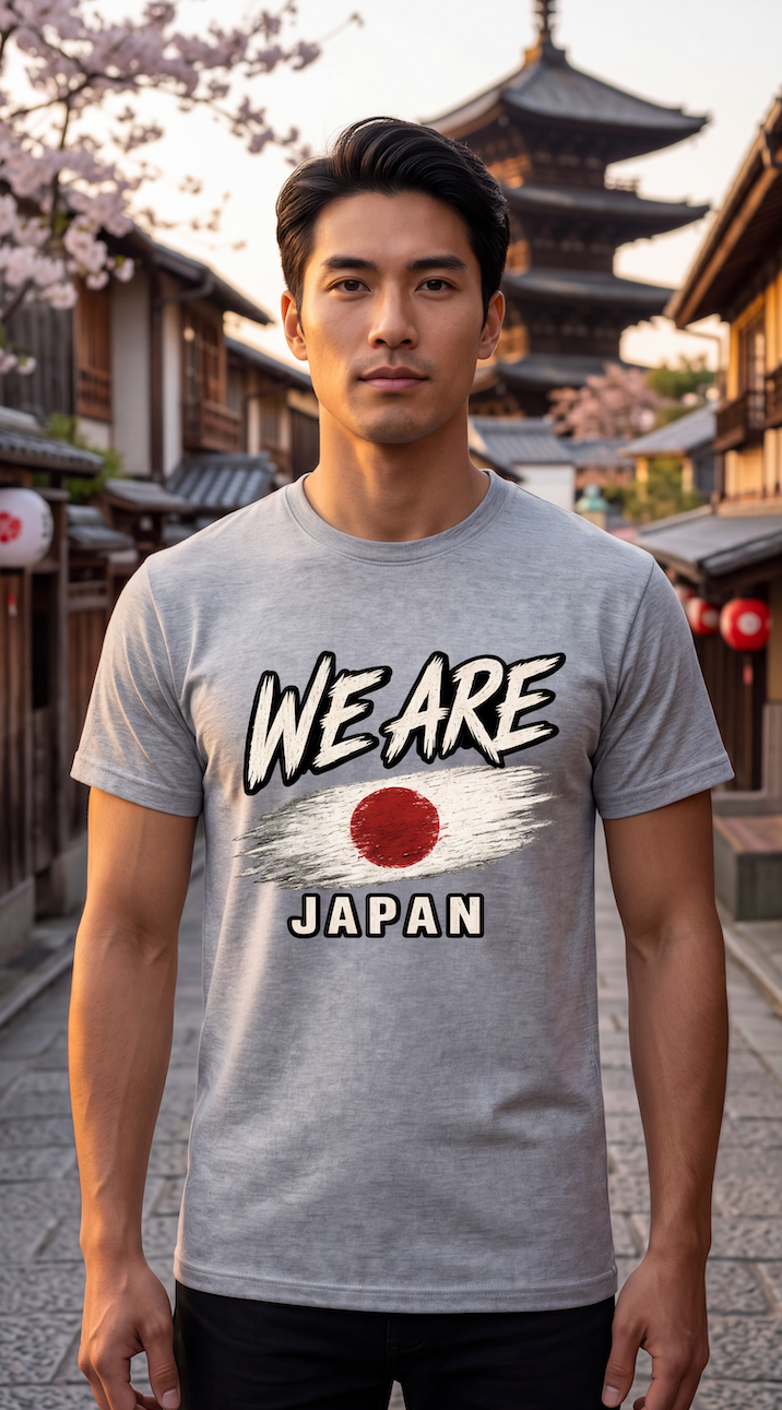 A man wearing a heather gray t-shirt with a 'WE ARE JAPAN' graphic featuring the Japanese flag, standing in front of a traditional Japanese street with cherry blossoms and a pagoda.