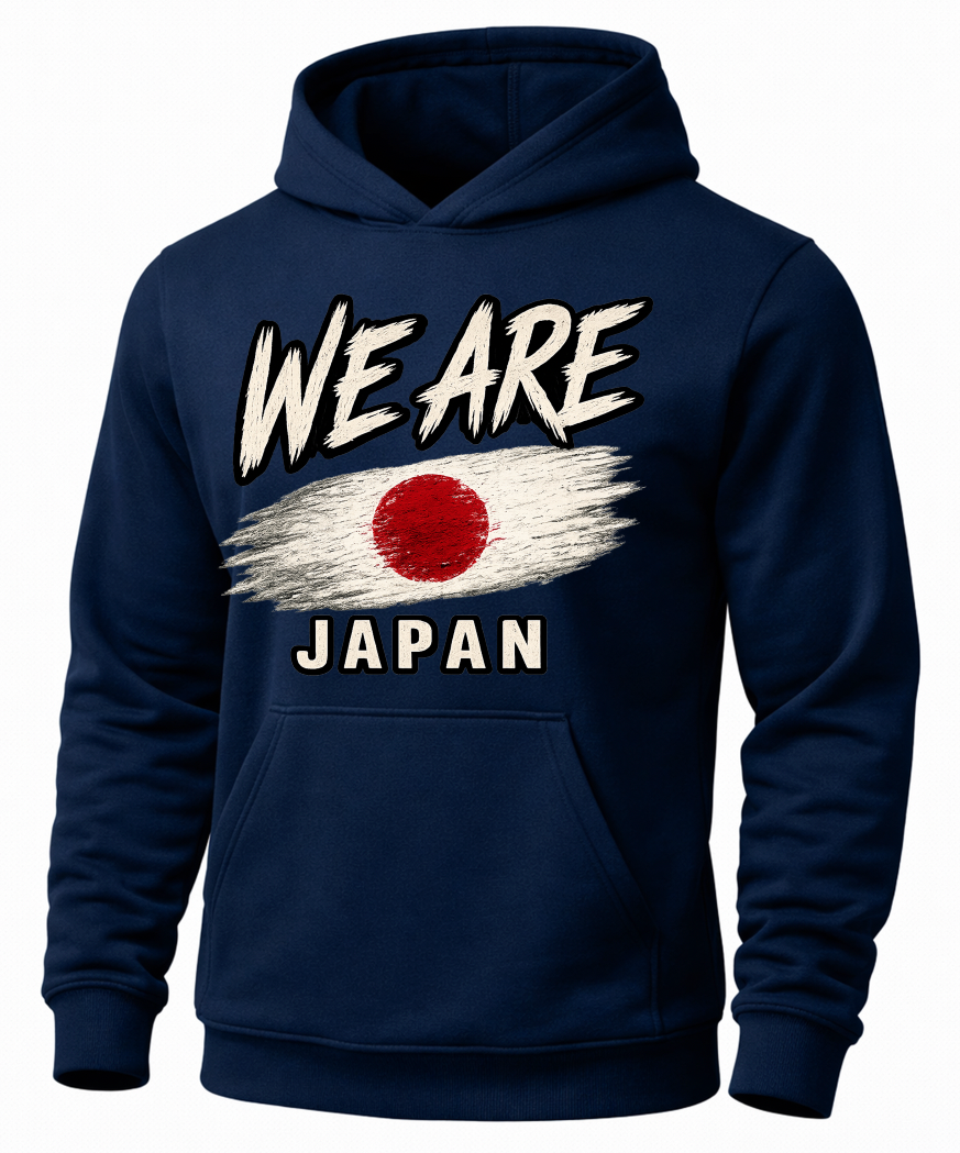 A navy blue pullover hoodie with a distressed graphic on the chest that reads 'WE ARE' above a Japanese flag motif and 'JAPAN' below, shown on a plain white background.