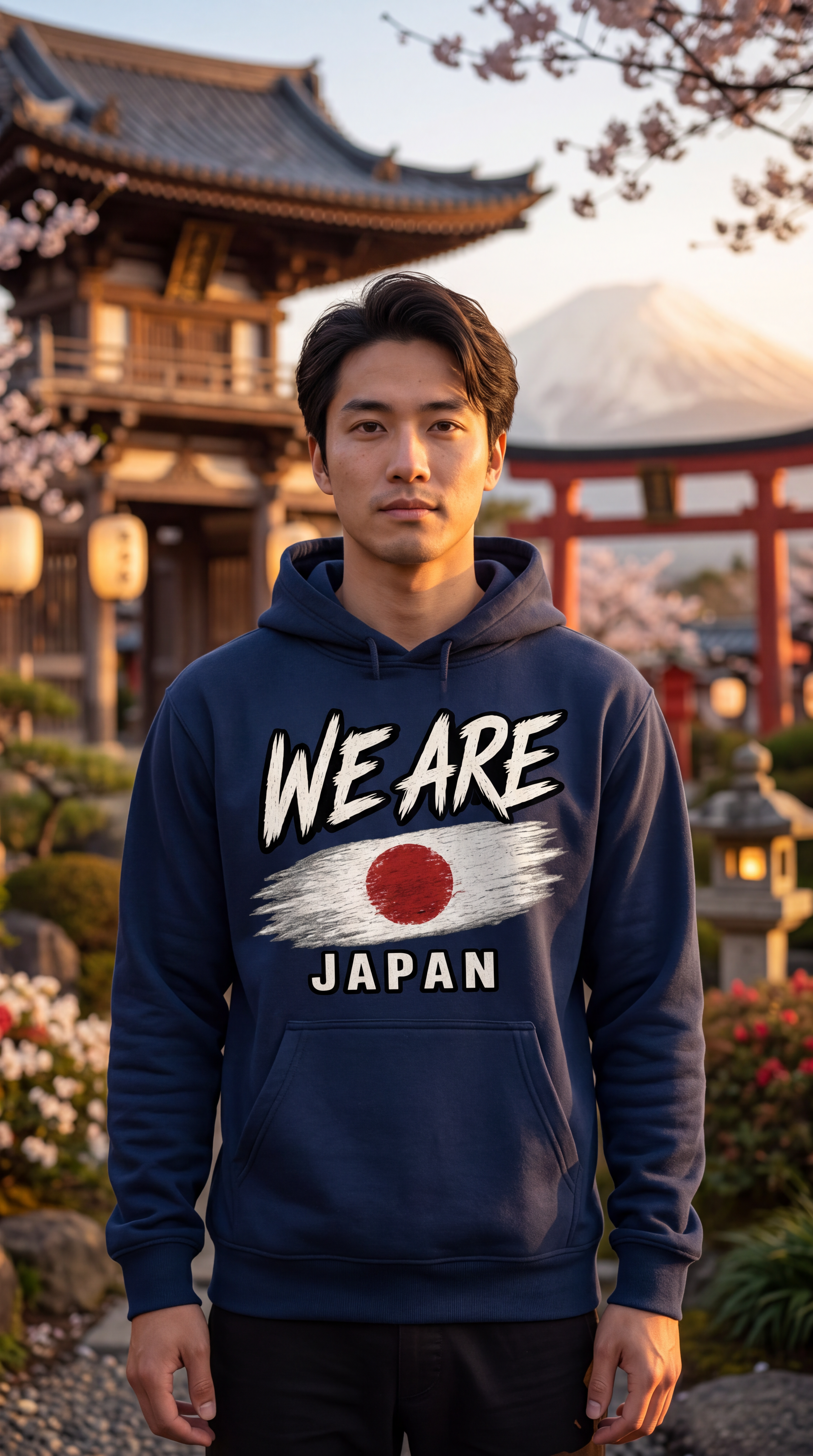 A man wearing a navy blue hoodie with a 'WE ARE JAPAN' graphic featuring the Japanese flag, standing in front of a traditional Japanese temple with cherry blossoms and a mountain in the background.