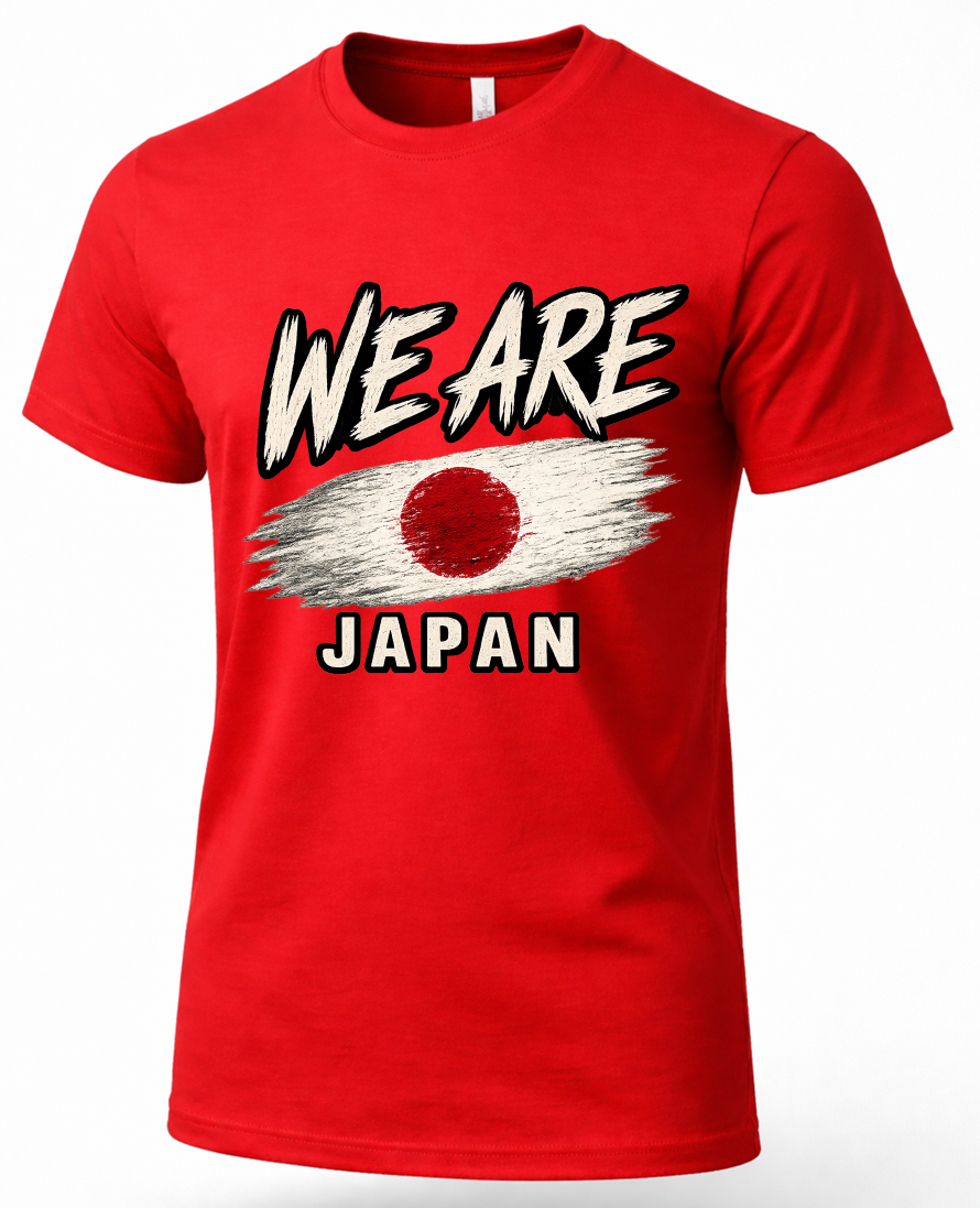 A red short-sleeve crewneck t-shirt featuring a graphic print of the Japanese flag with the text 'WE ARE' above and 'JAPAN' below, displayed on a clean white background.